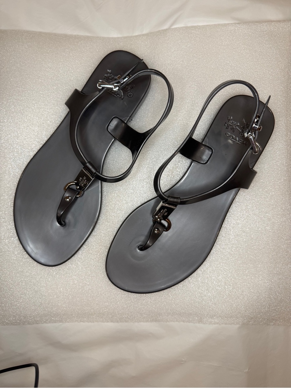 Coach Plato Black Jelly T-Strap Sandals Turnolock Logo Thong Slingback